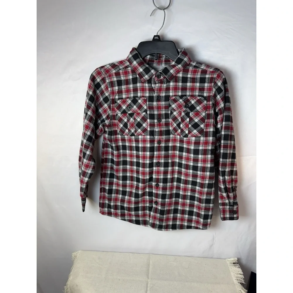 Gymboree Boys Fleece Lined Red Grey Black Checkered Flannel Shirt Size M 7 / 8